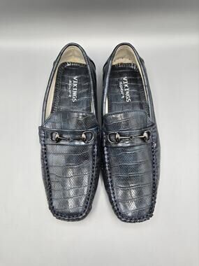 NIB Vikings Sport Navy Blue Croc Embossed Leather Bit Loafers Driving Shoes...